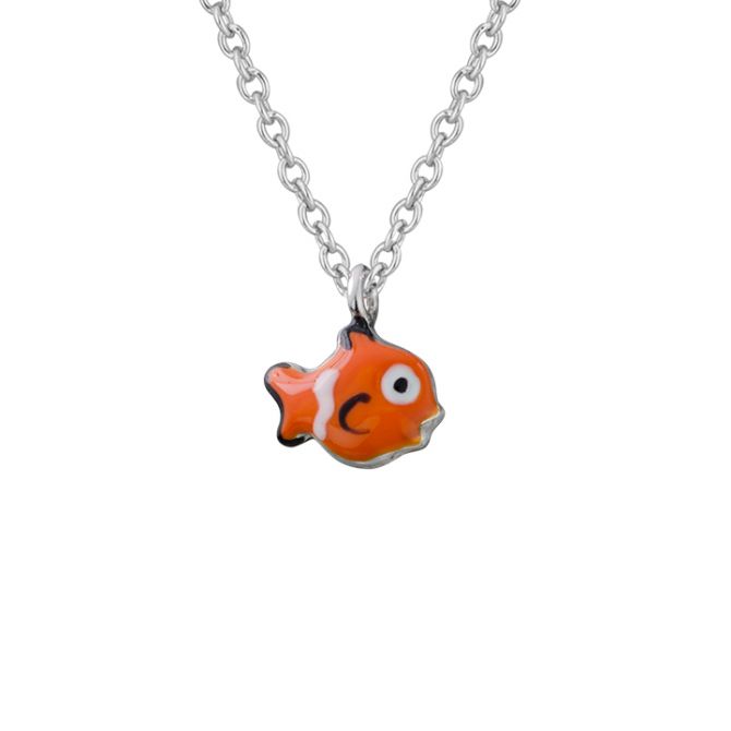 Sterling Silver Orange & White Enamel Clownfish Pendant, 15"