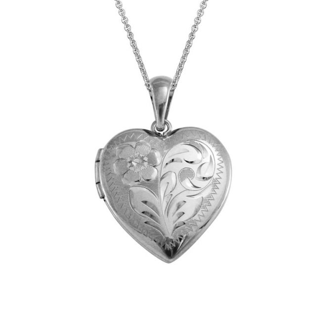 Sterling Silver Floral Engraved Heart Locket, 18"