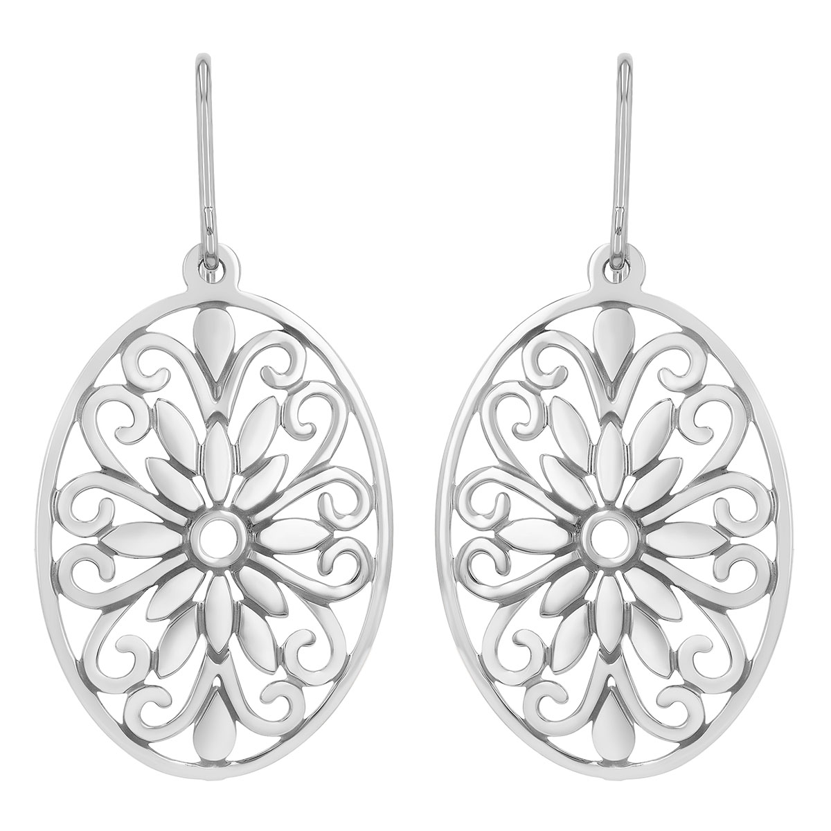 Sterling Silver Oval Floral Pattern Dangle Earrings