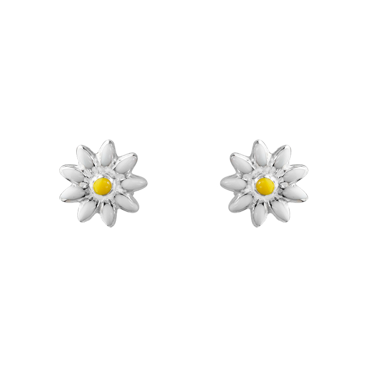 Sterling Silver Yellow & White Enamel Daisy Flower Earrings