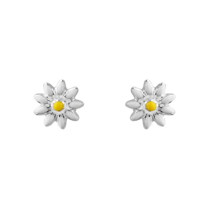 Sterling Silver Yellow & White Enamel Daisy Flower Earrings
