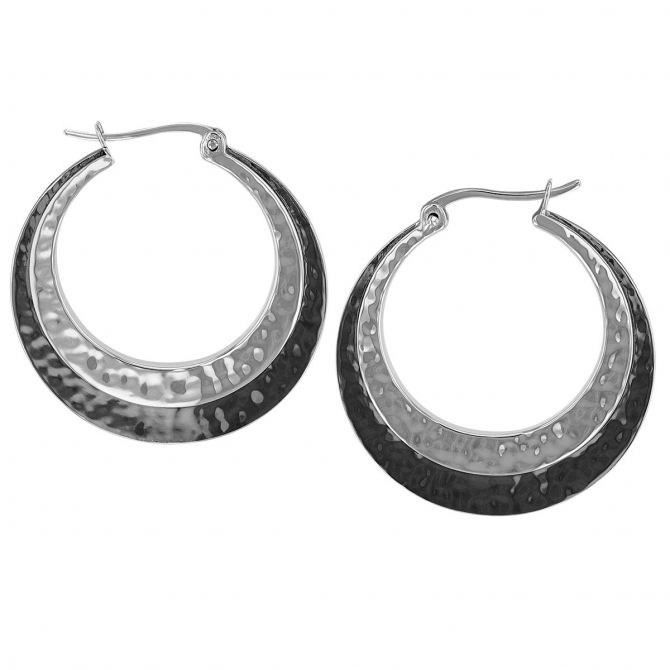 Sterling Silver & Black Rhodium Hammered Flat Hoop Earrings