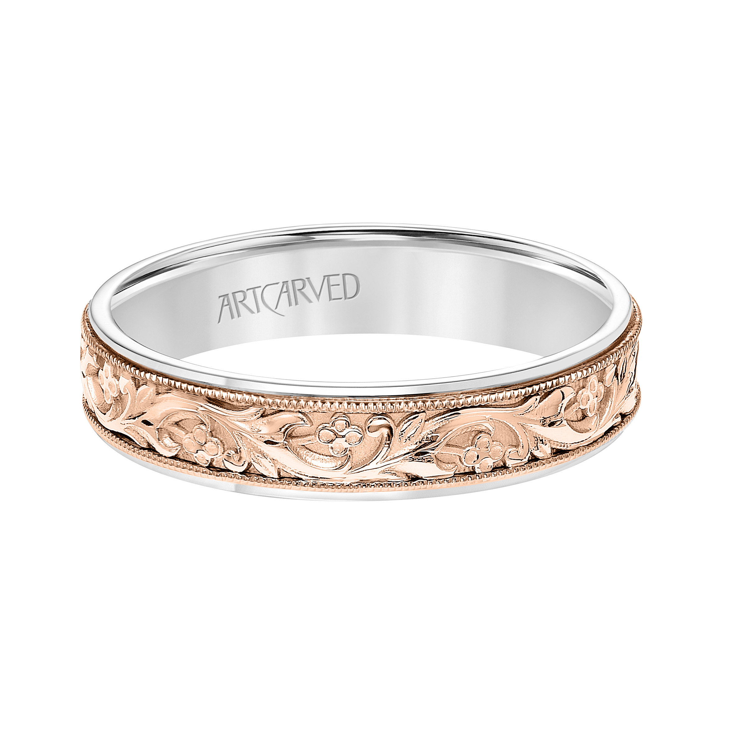 ArtCarved Lyric Engraved Floral Wedding Band in Rose & White Gold, Size 10