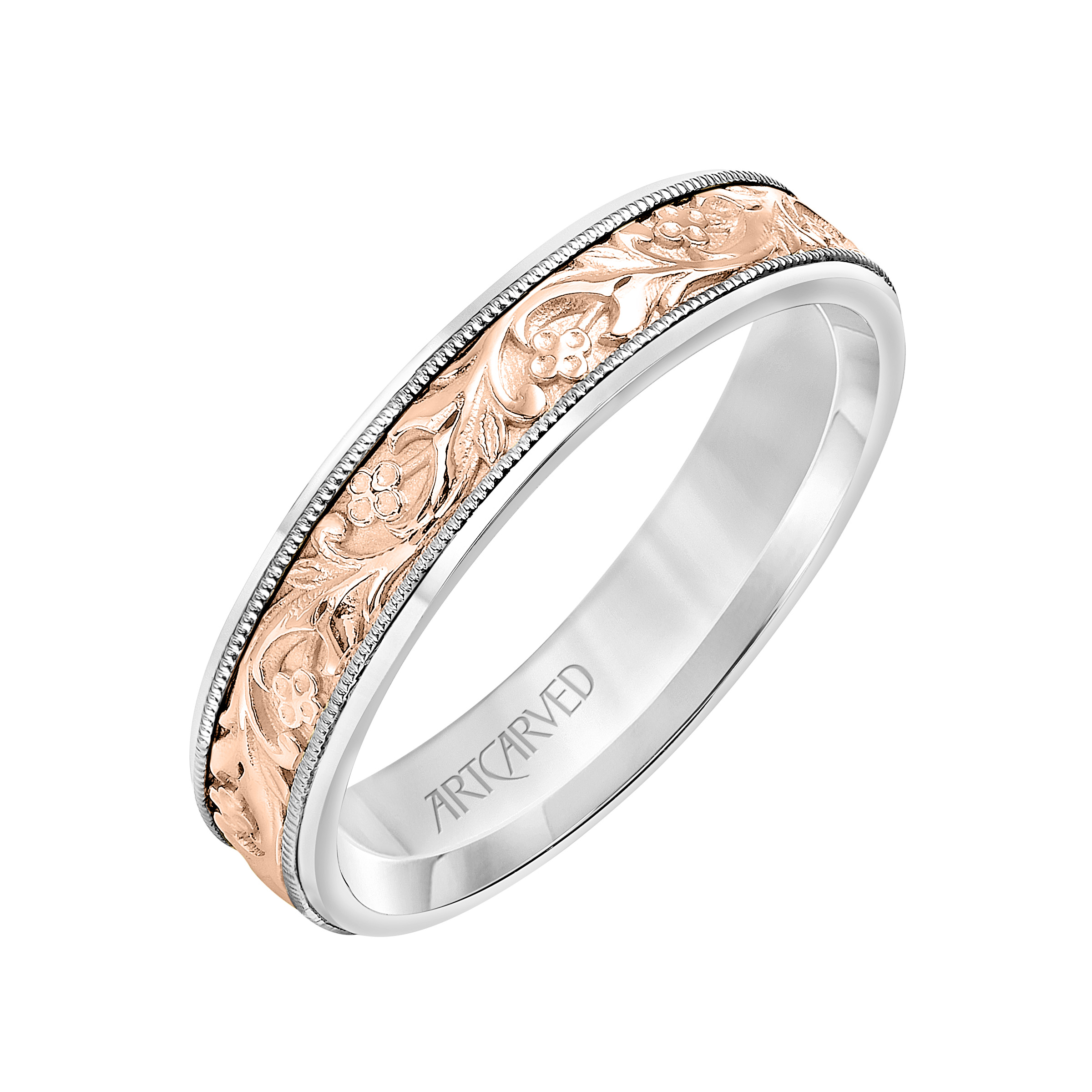 ArtCarved Lyric Engraved Floral Wedding Band in Rose & White Gold, Size 10