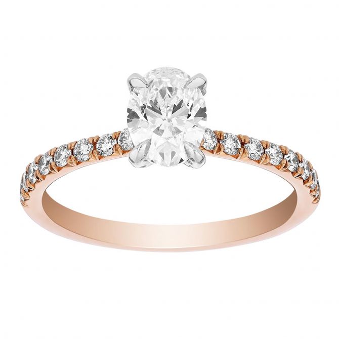 Borsheims Signature Oval Diamond Engagement Ring with Side Stones in Rose Gold, .75 ct