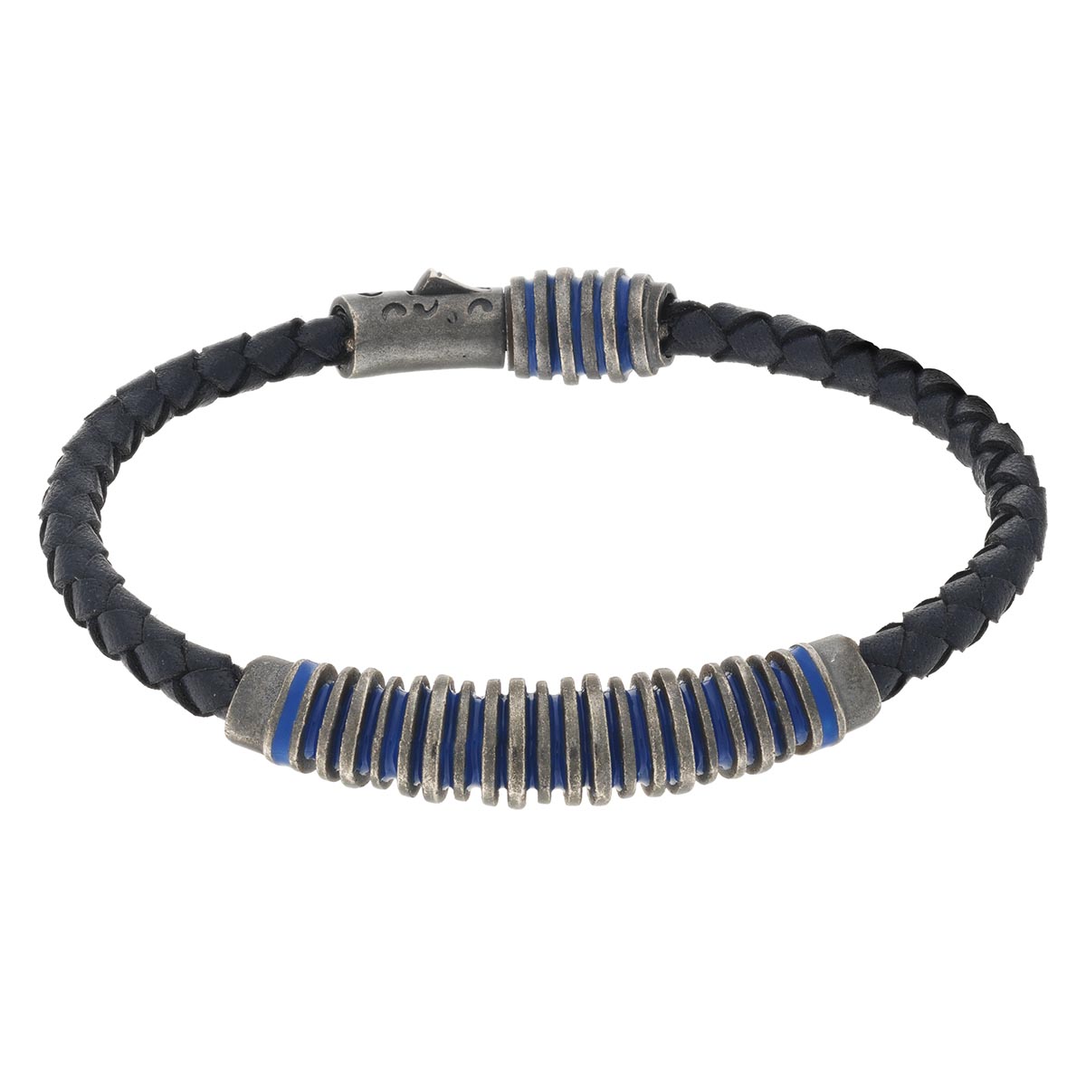 Marco Dal Maso Acies Oxidized Silver & Blue Leather Bracelet with Blue Enamel