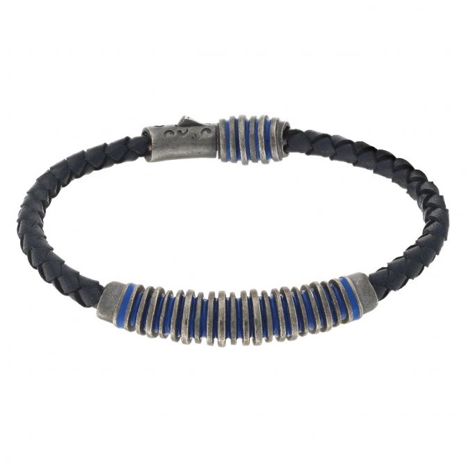 Marco Dal Maso Acies Oxidized Silver & Blue Leather Bracelet with Blue Enamel