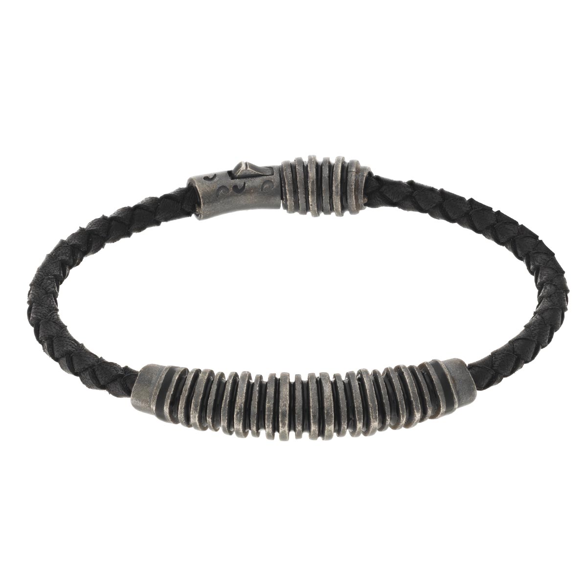 Marco Dal Maso Acies Oxidized Silver & Black Leather Bracelet with Enamel