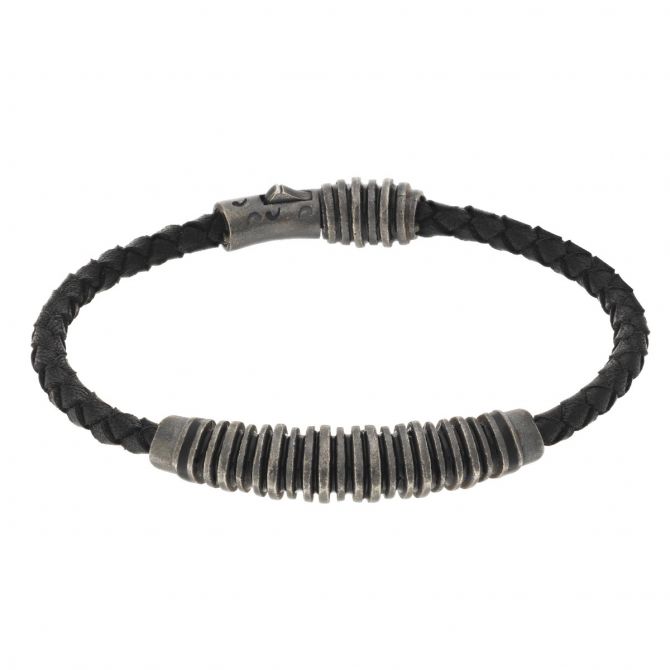 Marco Dal Maso Acies Oxidized Silver & Black Leather Bracelet with Enamel
