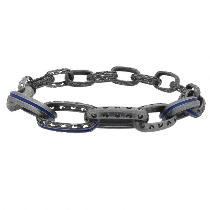 Marco Dal Maso Warrior Oxidized Silver Link Bracelet with Blue Enamel
