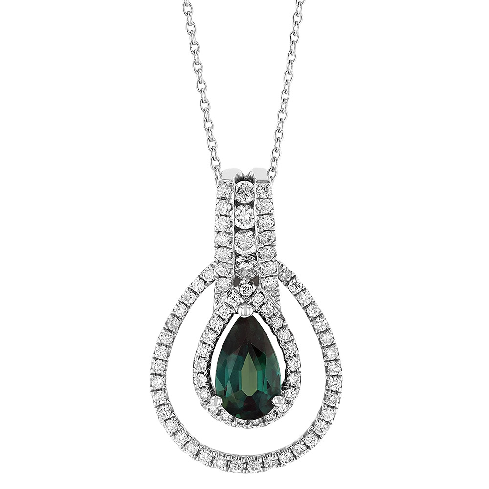 Pear Shaped Alexandrite & Diamond Double Halo Pendant in White Gold