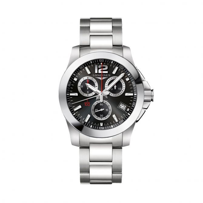 Longines Conquest 1/100th Alpine Skiing 43mm Men's Watch, Black and Grey Dial