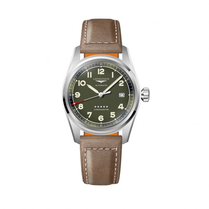 Longines Spirit Leather 40mm Watch, Green Matte Dial