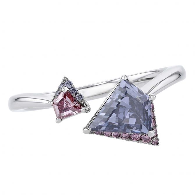 L.J. West Twilight Argyle Viola Shield Fancy Colored Diamond Cuff Ring in Platinum