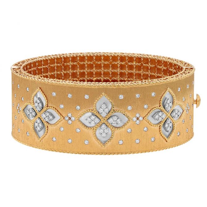 Roberto Coin Venetian Princess Rose Gold Satin Wide Bangle Bracelet with Diamonds & Mother of Pearl