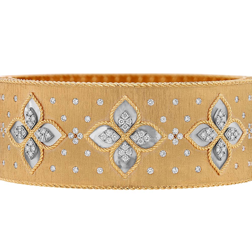 Roberto Coin Venetian Princess Rose Gold Satin Wide Bangle Bracelet with Diamonds & Mother of Pearl