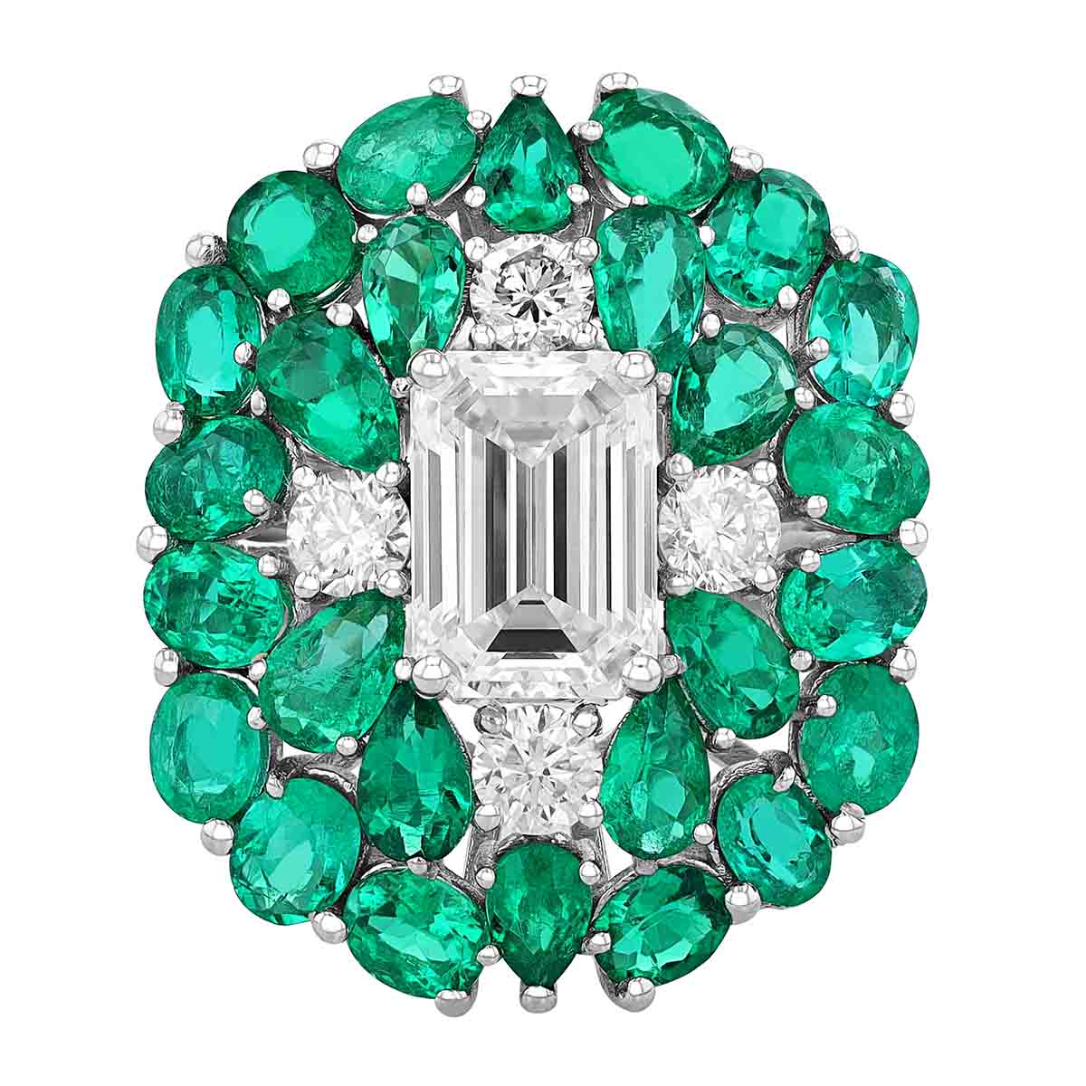 Emerald & Diamond Multi Shape Cluster Cocktail Ring in White Gold