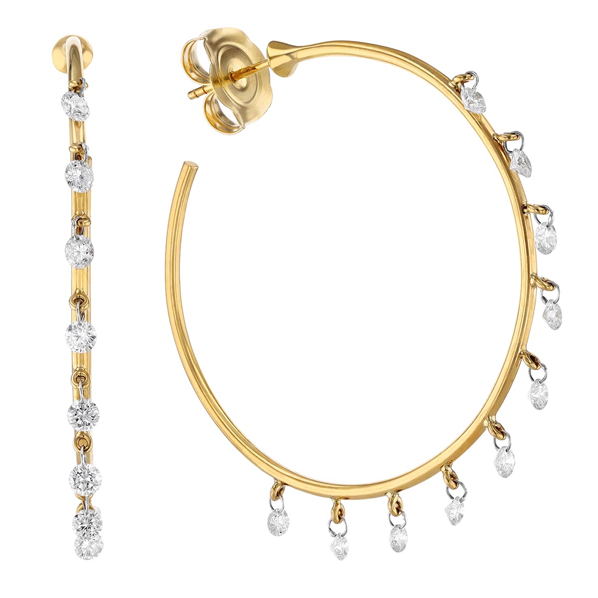 Aresa Hepworth Yellow Gold Open Hoop Earrings with 10 Diamond Drop Fringe
