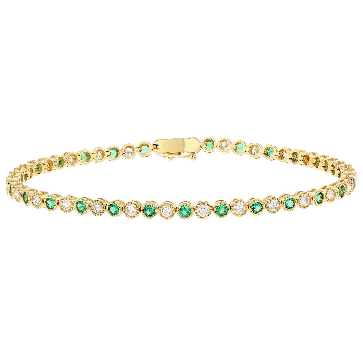 Round Emerald & Diamond Milgrain Bezel Bracelet in Yellow Gold, 7.5