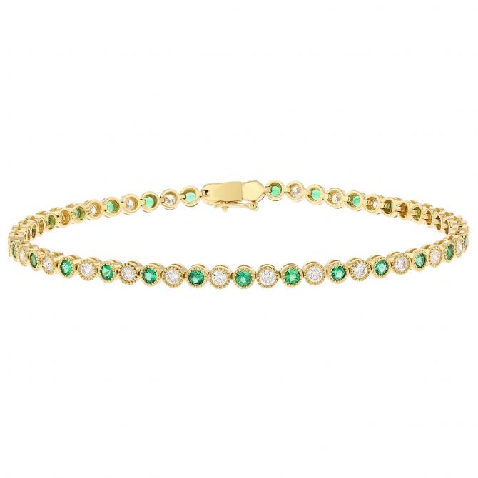 Round Emerald & Diamond Milgrain Bezel Bracelet in Yellow Gold, 7.5"