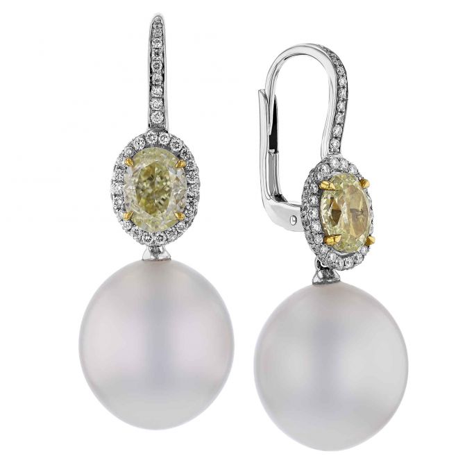 TARA Pearls South Sea Cultured Pearl, Fancy Vivid Yellow & White Diamond Drop Earrings in White Gold