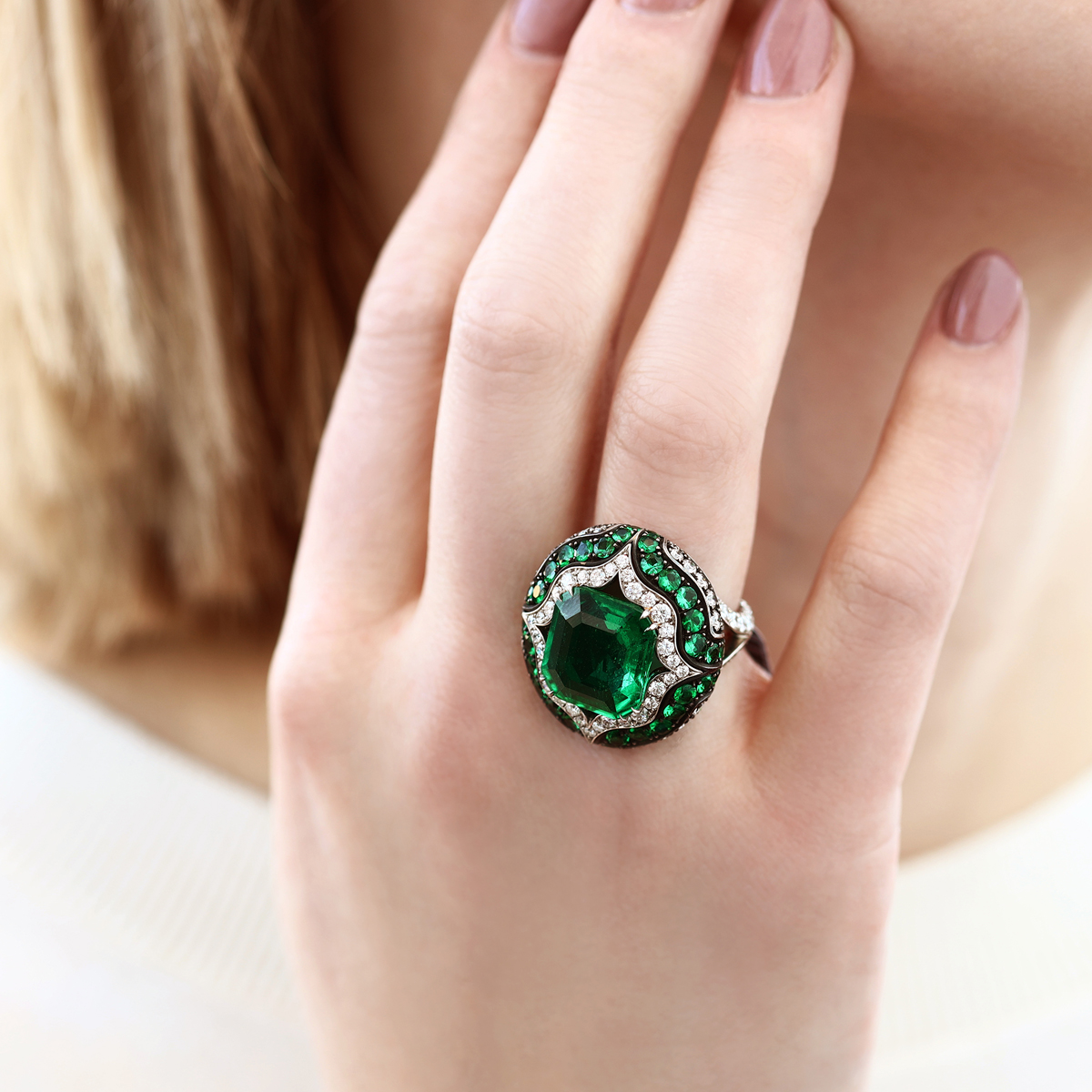 Emerald Cut Emerald Ring with Pointed Diamond & Emerald Pavé Halo