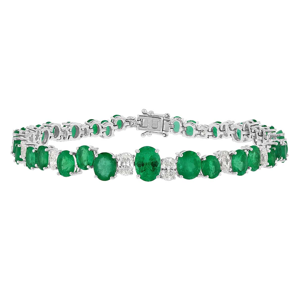 Oval Emerald, Oval & Round Diamond Staggered Tennis Bracelet in White Gold