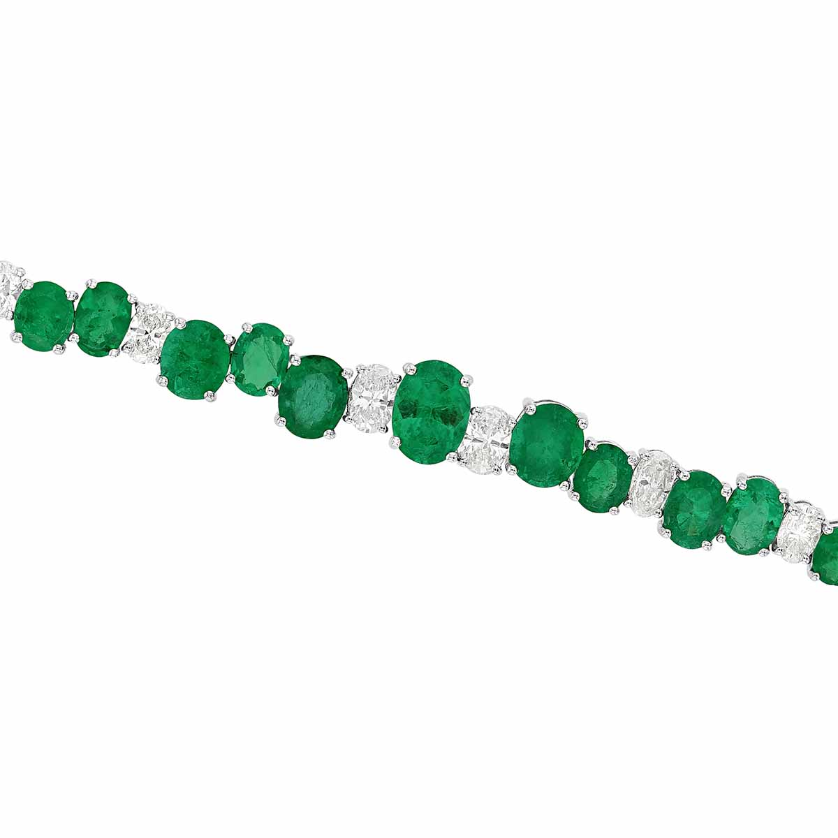 Oval Emerald, Oval & Round Diamond Staggered Tennis Bracelet in White Gold