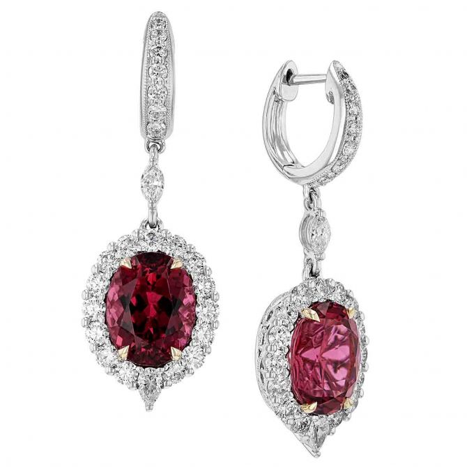 Oval Rubellite Tourmaline & Diamond Halo Dangle Hoop Earrings in White Gold