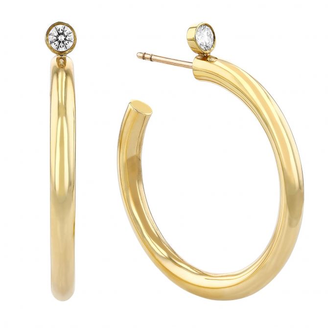 Yellow Gold Open Tube Hoop Earrings with Bezel Set Diamond Accents