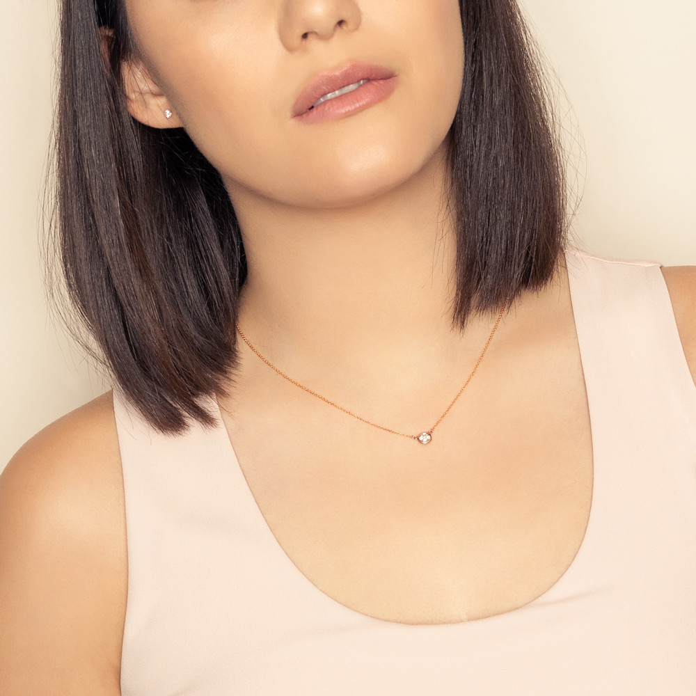 Diamond Bezel Set Single Station Necklace in Rose Gold, 18