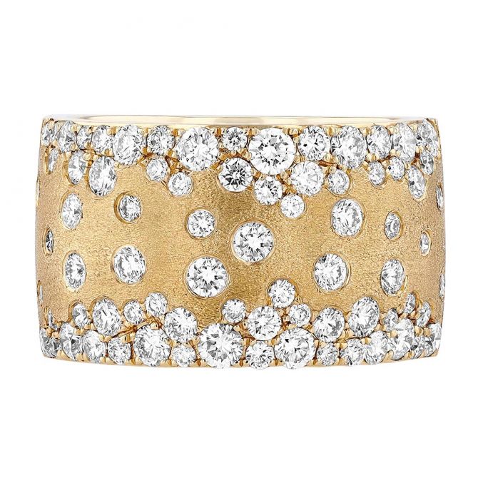Diamond Flush Set Scatter Inlay Wide Ring in Matte Yellow Gold