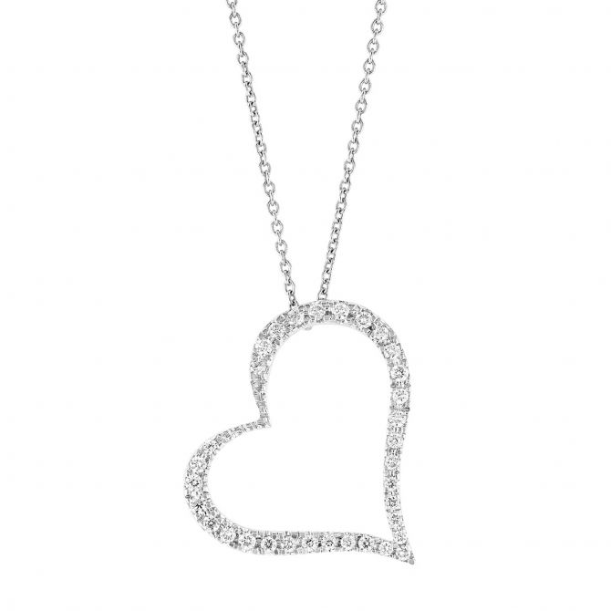 Roberto Coin Tiny Treasures Slanted Diamond Heart Necklace in White Gold, 0.22 cttw