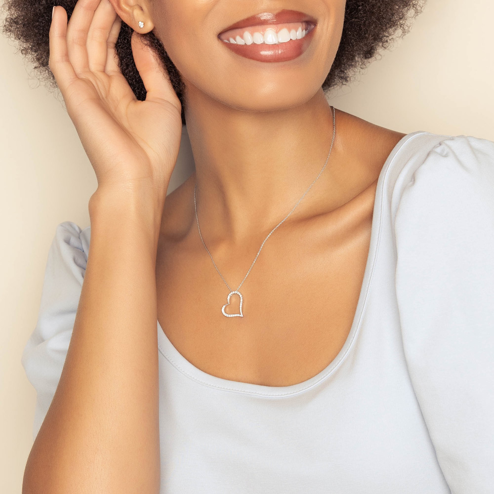Roberto Coin Tiny Treasures Slanted Diamond Heart Necklace in White Gold, 0.22 cttw
