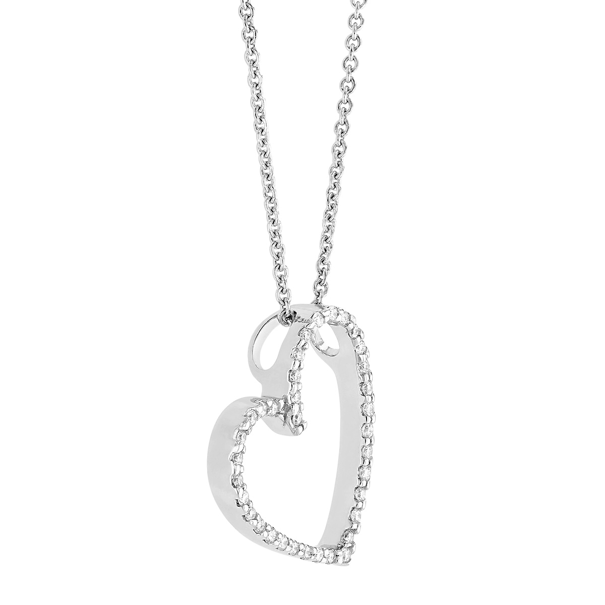 Tilted Diamond Heart Necklace in White Gold, 0.11 cttw
