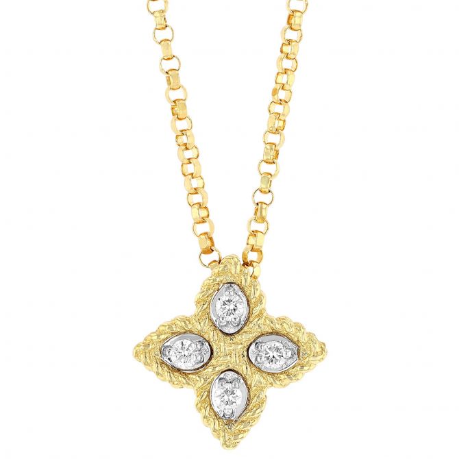 Roberto Coin Princess Flower Small 18K Gold Pendant Necklace with Diamonds, 18"