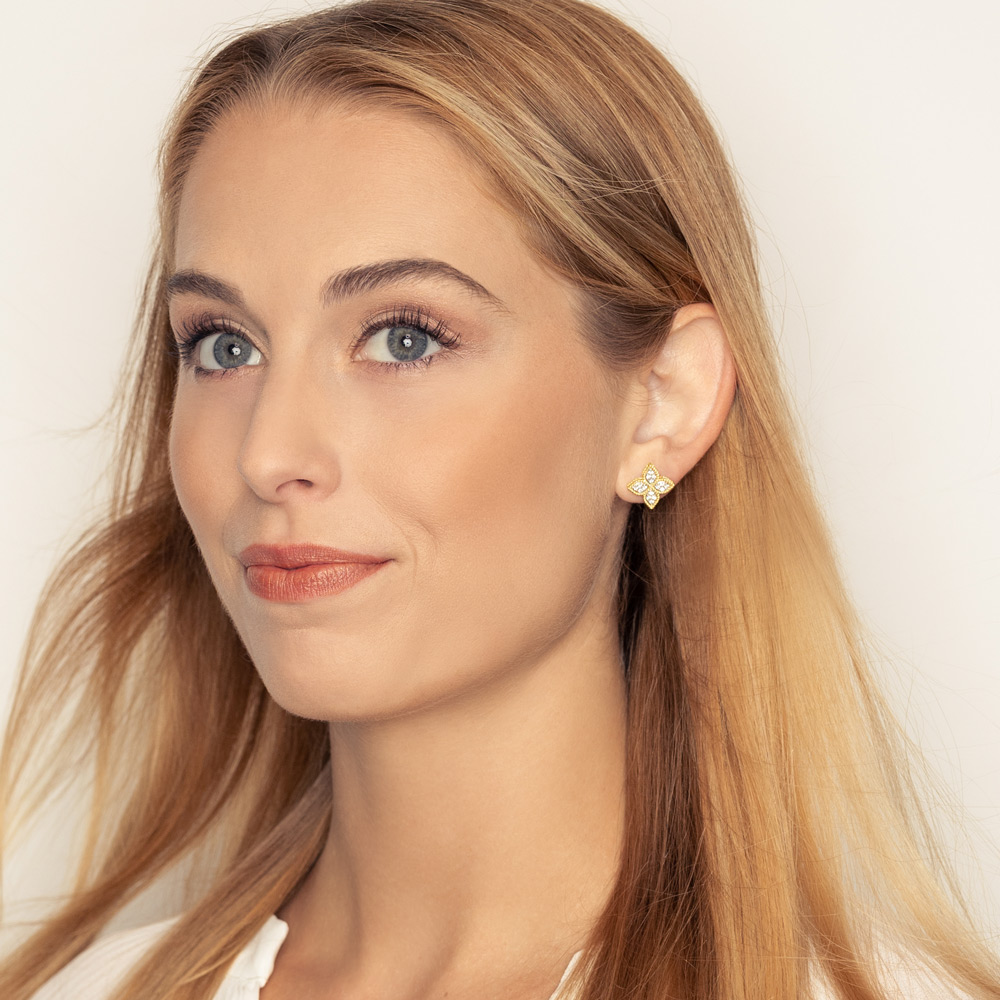 Roberto Coin Princess Flower Medium 18K Gold Stud Earrings with Diamonds