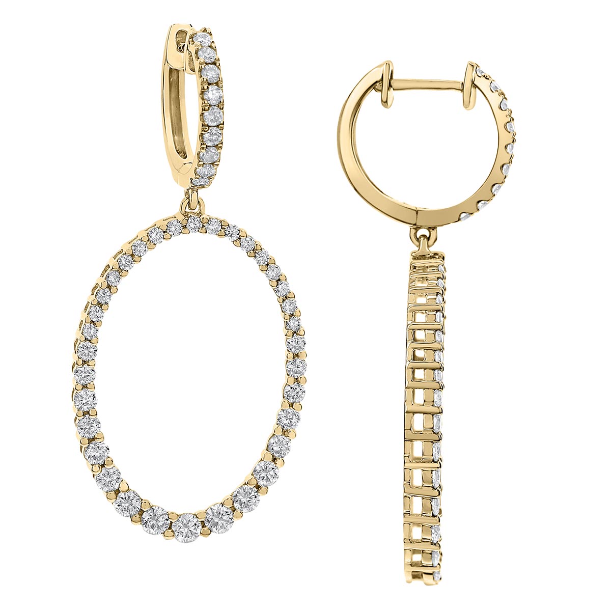 Diamond Oval Graduated Open Dangle Earrings in Yellow Gold
