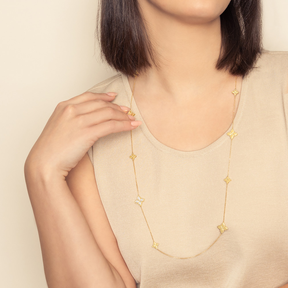 Roberto Coin Princess Flower Station Necklace with Diamonds in Yellow Gold