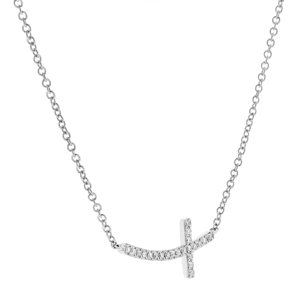 Diamond Curved Sideways Cross Station Necklace in White Gold