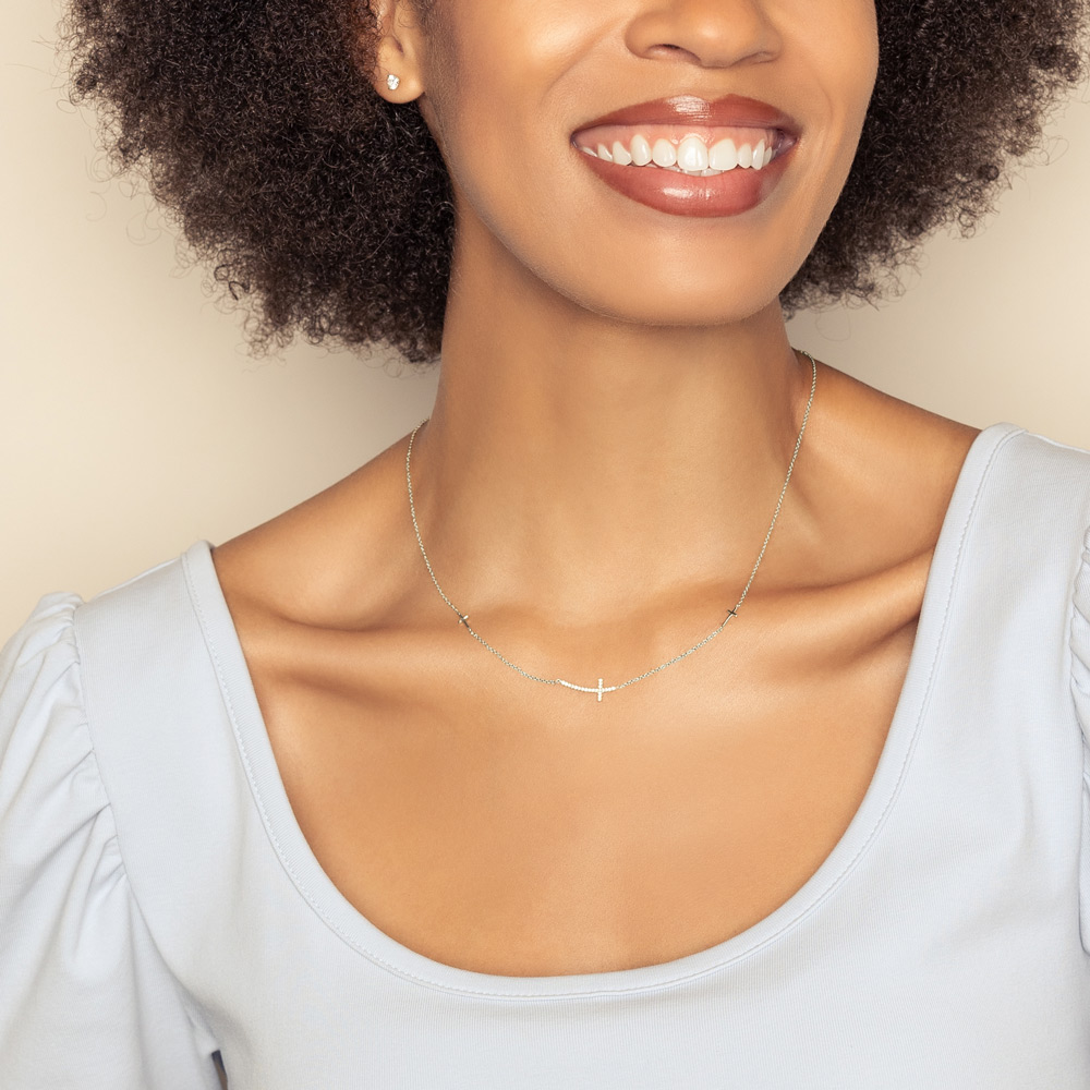 Diamond Curved Sideways Cross Station Necklace in White Gold