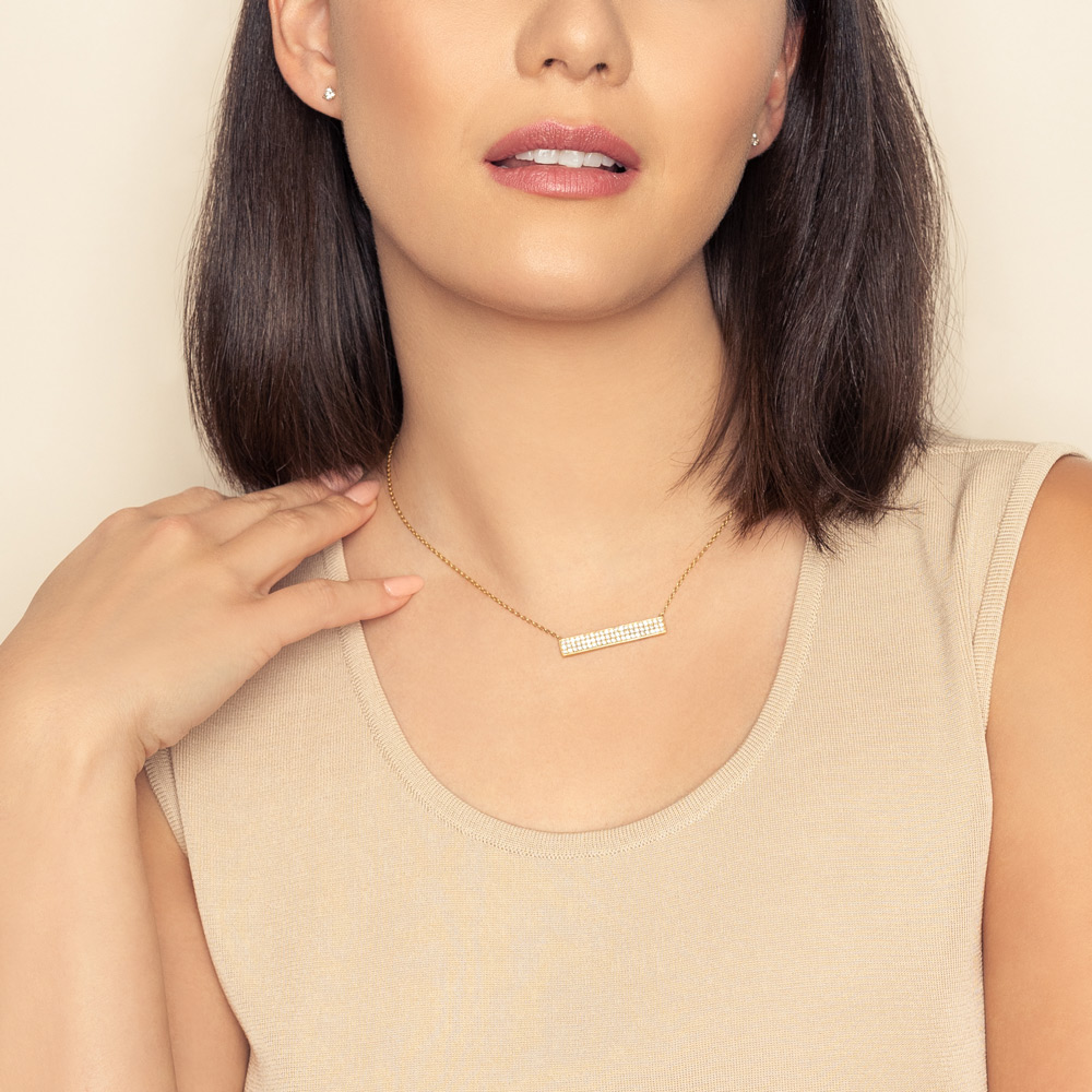 Diamond Pave 3 Row Bar Necklace in Yellow Gold, 17