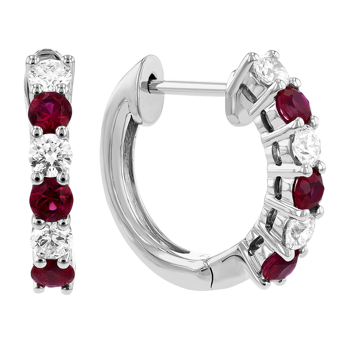 14K White Gold Round Ruby & Diamond Huggie Hoop Earrings