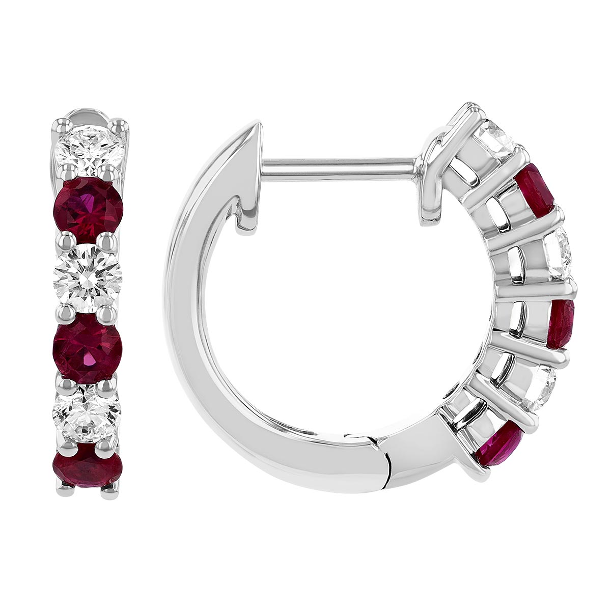 14K White Gold Round Ruby & Diamond Huggie Hoop Earrings