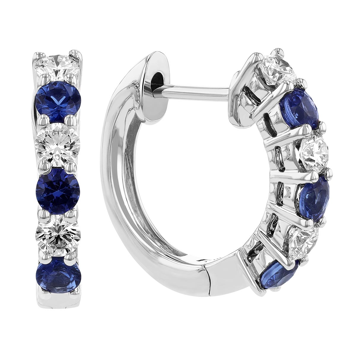 14K White Gold Sapphire & Diamond Prong Set Huggie Hoop Earrings