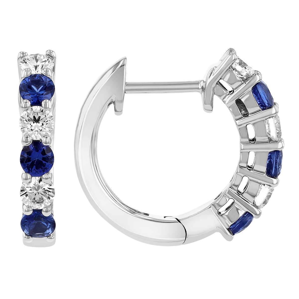 14K White Gold Sapphire & Diamond Prong Set Huggie Hoop Earrings