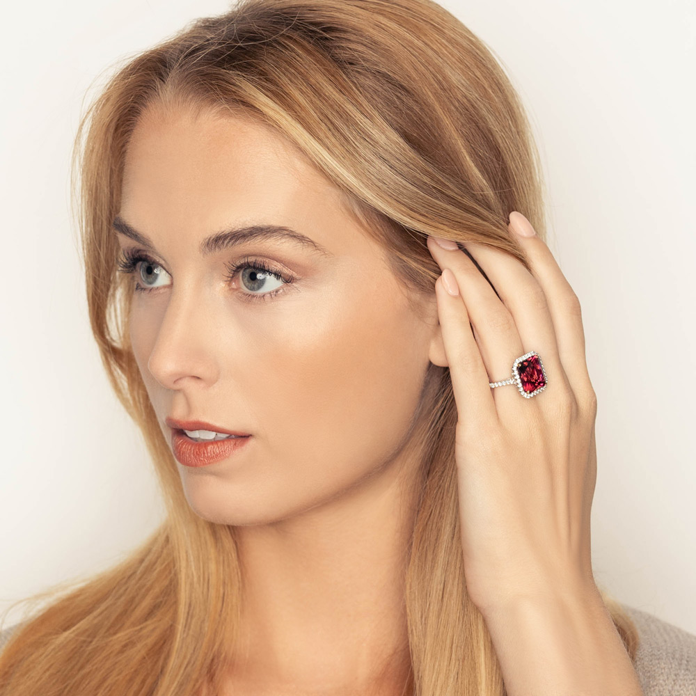 Cushion Rubellite Tourmaline & Diamond Halo Cocktail Ring in White Gold