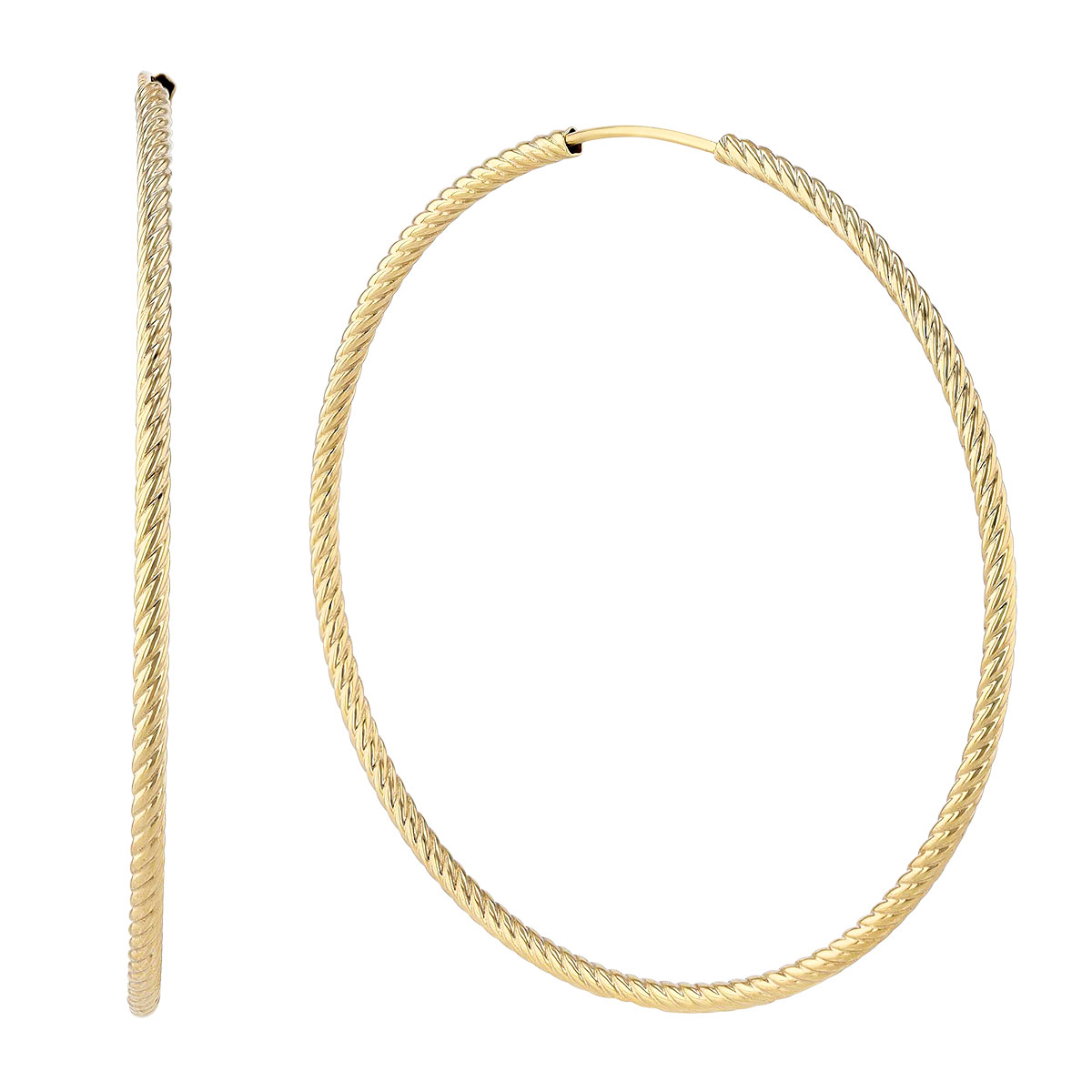 Yellow Gold Twisted Endless Tube Hoop Earrings, 50 mm