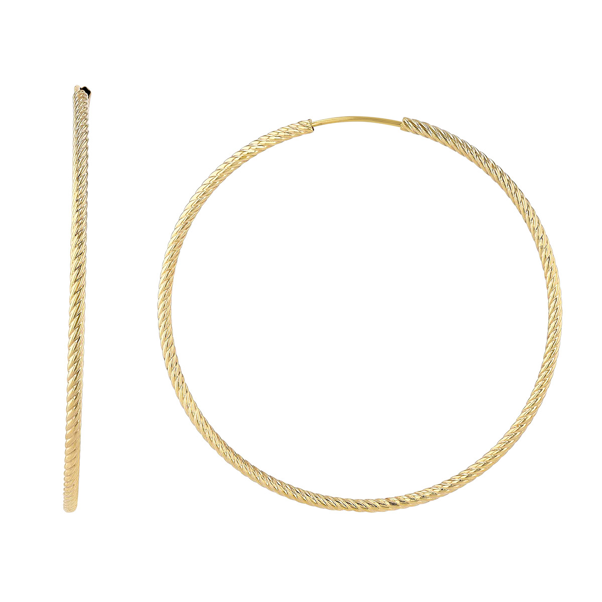 Yellow Gold Twisted Endless Tube Hoop Earrings, 50 mm