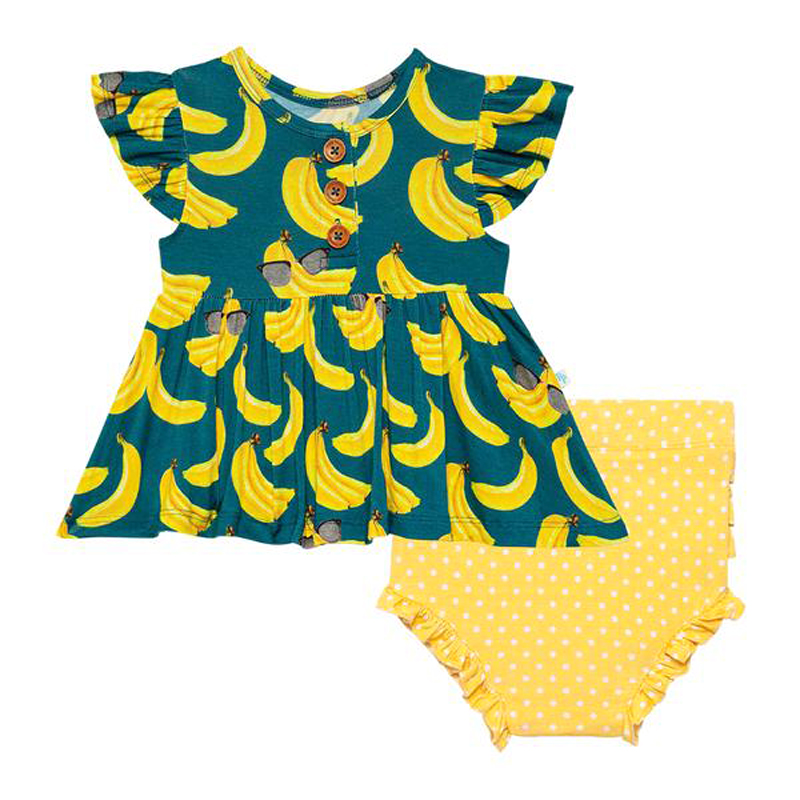Posh Peanut Bananas Ruffled Cap Sleeve Henley Peplum Ruffled Bummie Set